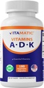 Suplemento vitamático de vitamina ADK, 180 cápsulas de veg, vitaminas de alta potencia A, D3, K2 para la salud ósea, absorción de calcio, no GMO, libre de gluten