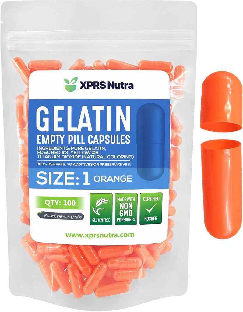 XPRS Nutra Size 1 Empty Capsules - 100 Count Empty Gelatin Capsules - Pill DIY Capsule Filling - Pure Bovine Pill Gel Caps for Do-It-Yourself Supplements (Orange)