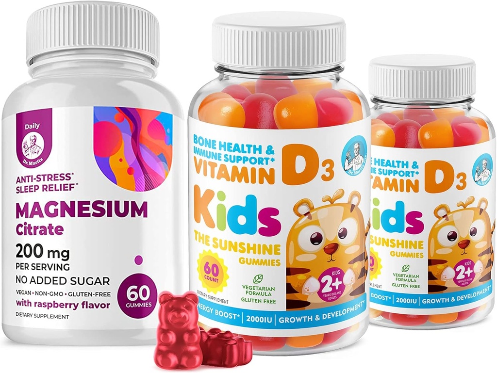 Vitamina D Gummies para niños pequeños Adultos 2000 UI y Magnesio Gummies - Vitamina sana D3 Suplementos 1000IU - Gelatina vegetariana Apoyo sin inmunes con cerdas de magnesio sin azúcar para niños adultos