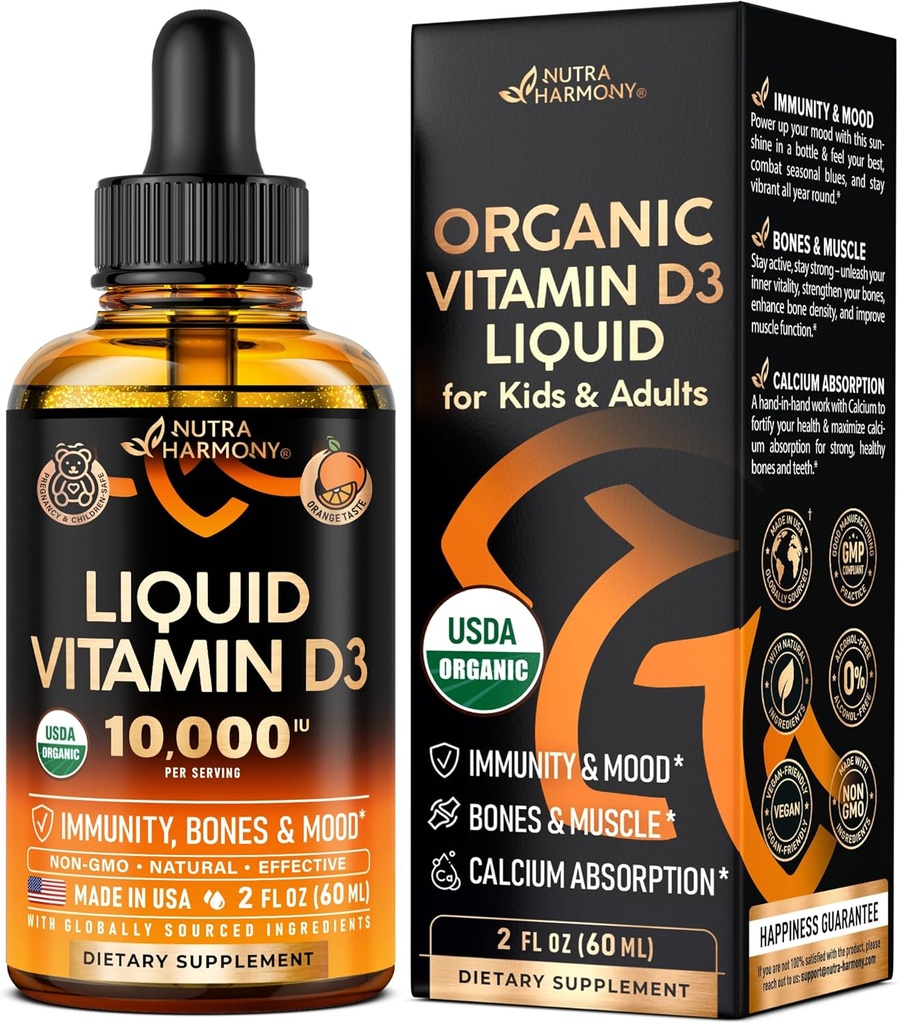 USDA Vitamina Orgánica D3 10000iu - Las gotas de vitamina D para bebés, adultos para niños, embarazo " niños seguros - Sistema de inmunodeficiencia, orina, salud ósea " apoyo muscular - sabor a naranja natural - 2 fl oz, 60 ml