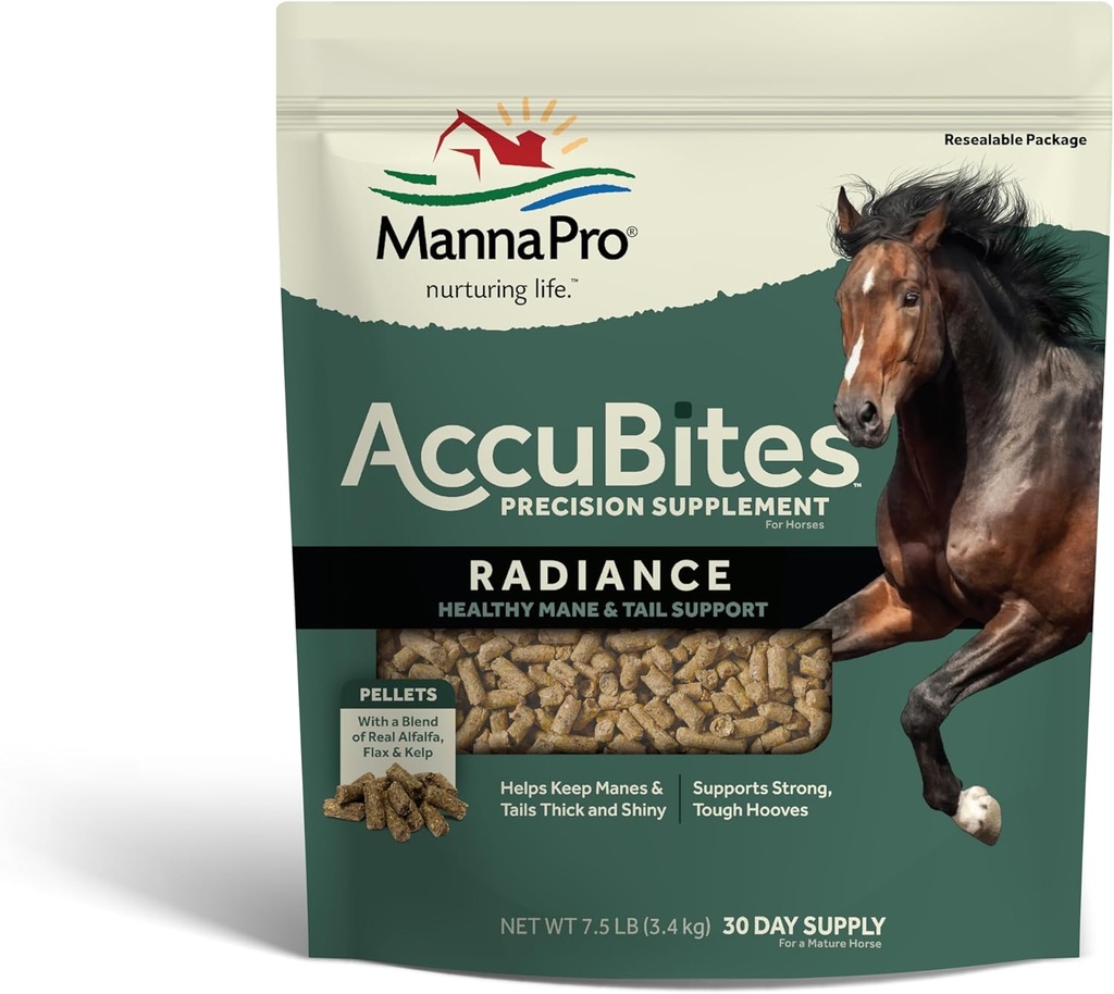 Manna Pro AccuBites Radiance Equine Supplement – Skin & Coat, Essential Vitamins & Hoof Health for Horses – Embalado con Omega 3, 6, " Biotin – Main " Tail Maintenance – Alfalfa Flavored – 7,5 lbs