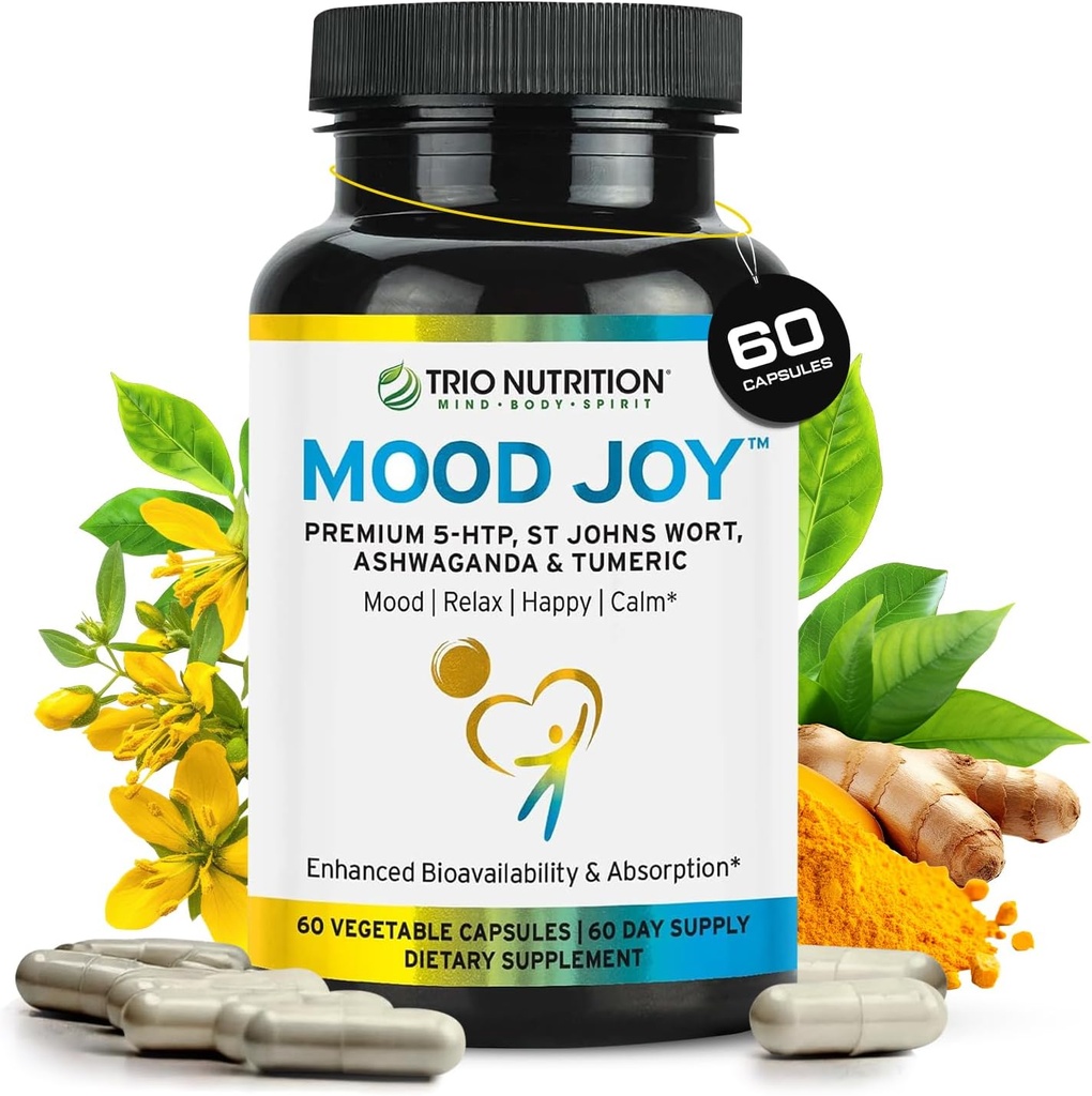 Trio Mood Joy ← Premium 5-HTP, St Johns Wort, Ashwagandha & Turmeric Silencio Ashwagandha Capsules para promover la calma natural " Relajado Mood ← Mood Support Suplemento latitud 60 Day Supply*