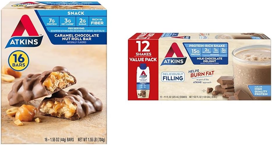 Atkins Caramel Chocolate Nut Roll Snack Bar, Protein Snack, High in Fiber, 2g Sugar, 16 Conde " Milk Chocolate Delight Protein Shake, 15g Protein, Low Glycemic