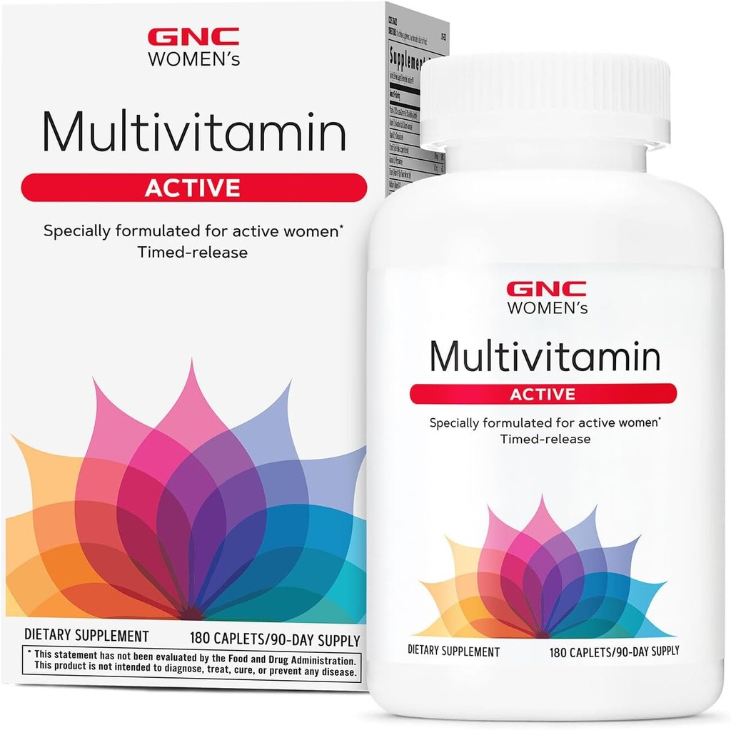 Multivitamina activa de las mujeres GNC clínicamente probada para la nutrición, recuperación del ejercicio, producción de energía, salud ósea, belleza, inmuno, biotina, hierro, zinc, 180 caplets