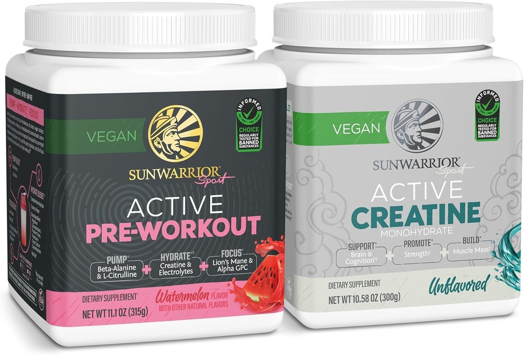 Sunwarrior Pre-Workout Powder Plant-Based & Vegan tención 30 Servings, Watermelon &amp; Creatine Monohydrate Powder ← Desarrollado, 60 Servings