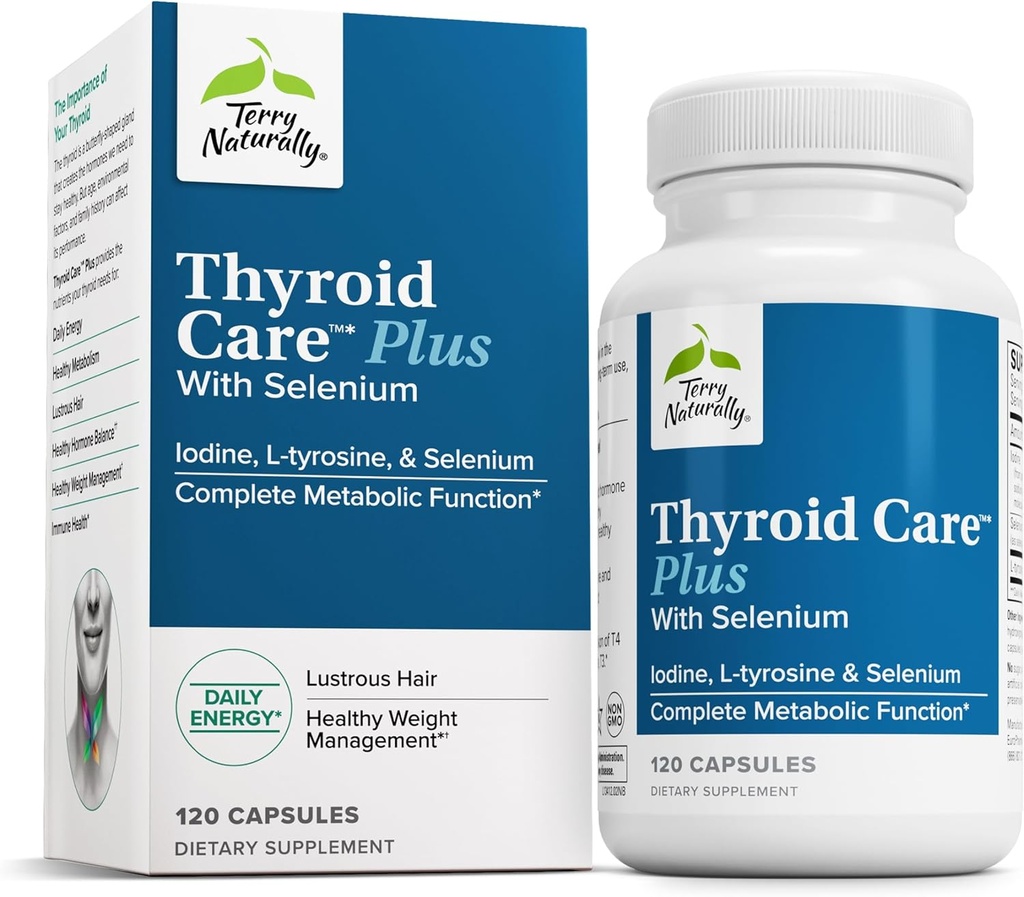 Terry Naturally Thyroid Care Plus - Suplemento de Ayuda Tiroides - Suplemento dietético para la energía y el cabello saludable - Suplemento con L-Tyrosine &amp; Selenium - 120 cápsulas
