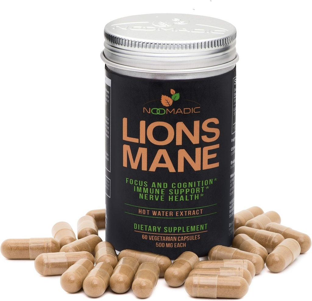 Mushroom de Mane de León, 60 cápsulas vivieron 500mg Cada, Factor de Crecimiento de Nerve (NGF) " Nootropic (Focus, Memory, BDNF), Extracto de Agua Caliente, Madera Grown, Cuerpos Frutas, 30% Beta-D-Glucans