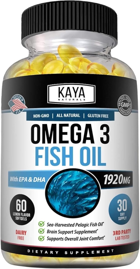 Kaya Naturals Omega 3 Suplemento - Nature Made Omega 3 Fish Oil - 100% Pure Sea-Harvested Pelagic Fish Oil with No Fishy Aftertaste - 60 Count Softgels