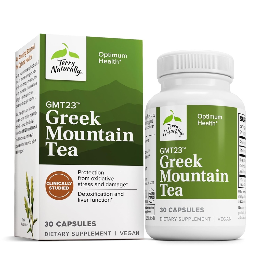 Terry Naturalmente GMT23 té de montaña griega - Suplemento dietético para el apoyo en foco - Suplemento de salud digestivo para la salud del hígado - Suplemento herbal con antioxidantes - 30 cápsulas