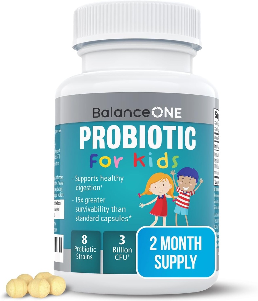Balance ONE Probiótico para niños de liberación del tiempo – hasta 15 veces mejor supervivencia – 3 millones de CFU – Gut &amp; Digestive Support for Children – Sugar Free, Easy to Swallow, 2 meses de suministro