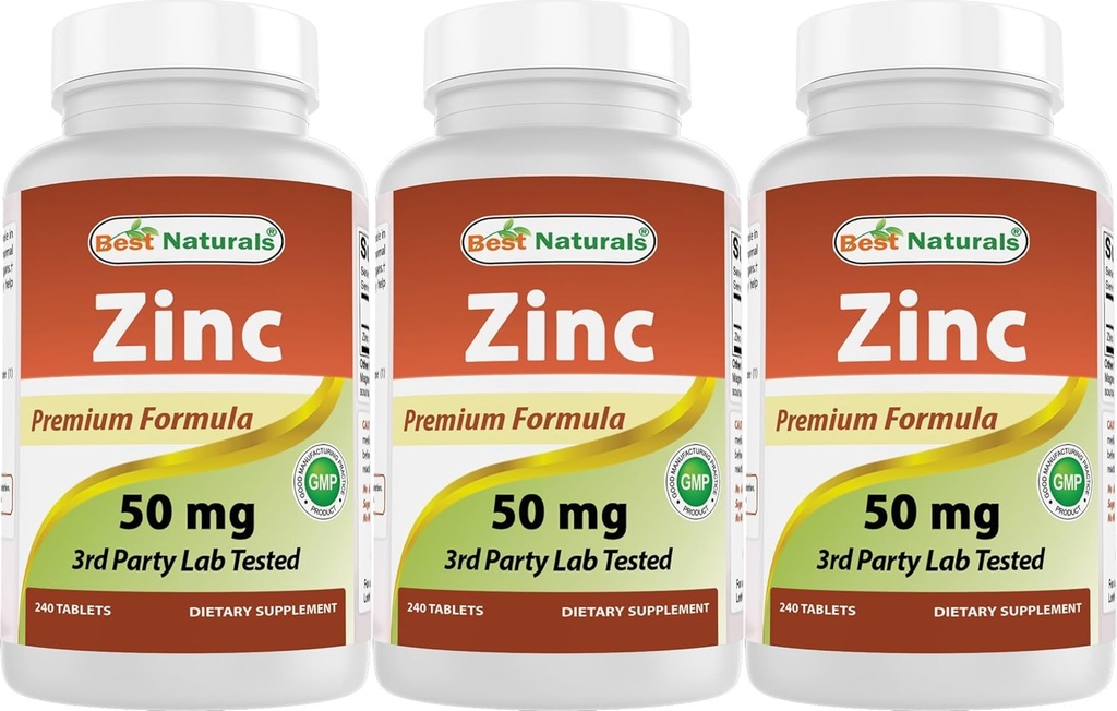 Best Naturals Zinc Supplement as Zinc Gluconate 50mg 240 Tablets Pack of 3