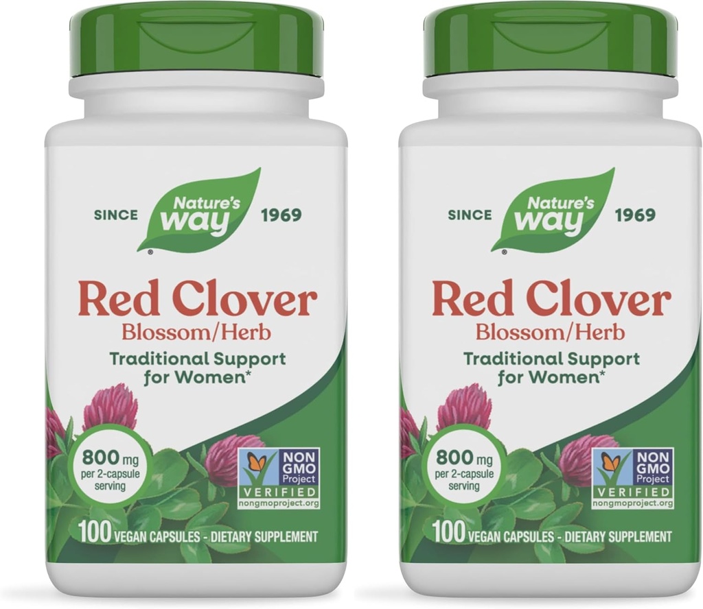 Camino de la Naturaleza Red Clover Blossom Herb, Apoyo Tradicional de la Salud de las Mujeres*, 800 mg por Serving, 100 cápsulas Vegan (Pack of 2)