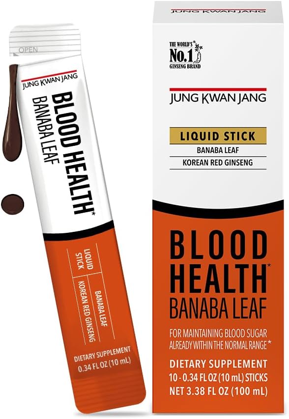 JungKwanJang Blood Health Banaba Leaf Extract (100mg), Carob Pods, Korean Red Ginseng Cada vez Extracto Sticks for Circulation, Post Meal, Energy, 10 Count