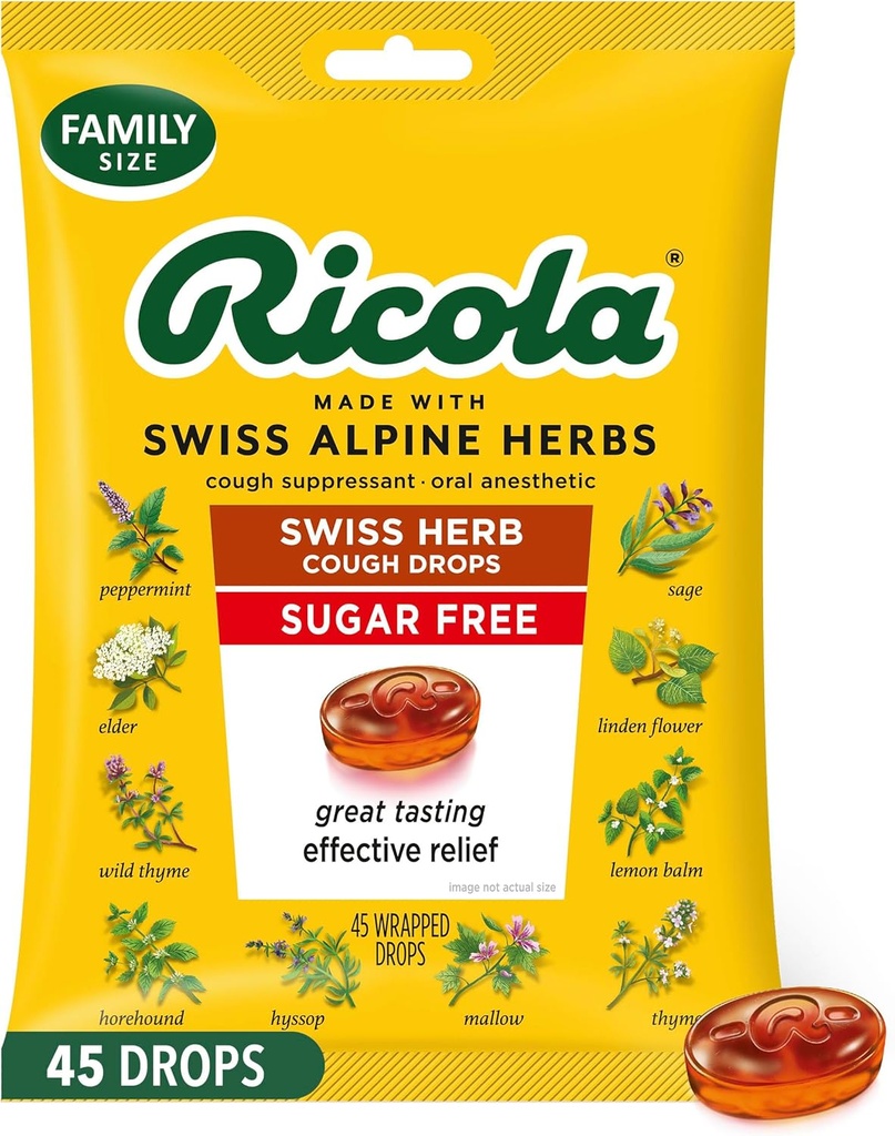 Ricola Sugar Free Swiss Herb Cough Drops, 45 Conde, Cough Suppressant & Throat Relieving Drops with Naturally Sourced Menthol, Pleasing Taste for Coughs & Throat Irritation Symptom Relief