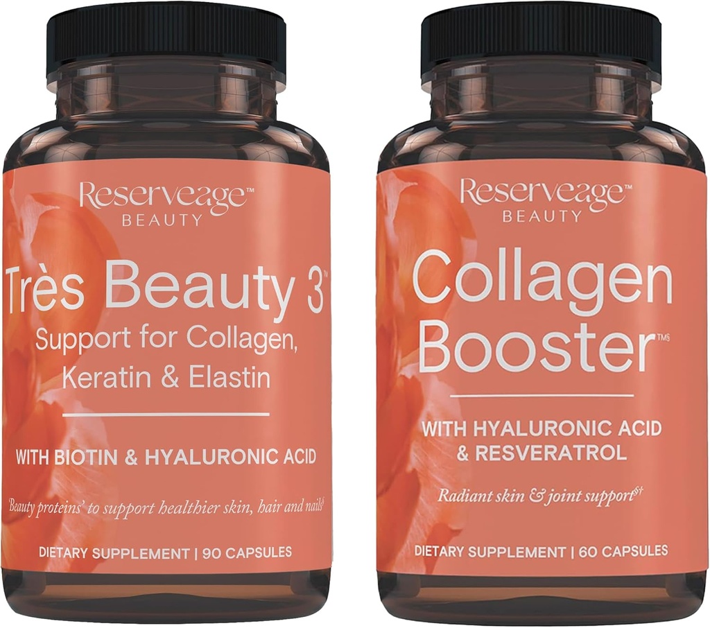 Belleza de reserva, Tres Belleza 3, Suplemento de belleza para el crecimiento del cabello, cuidado de la piel y cuidado de uñas 90Caps &amp; Collagen Booster, Suplemento Collagen para la atención de la piel y la salud conjunta, apoya la cura 60Caps