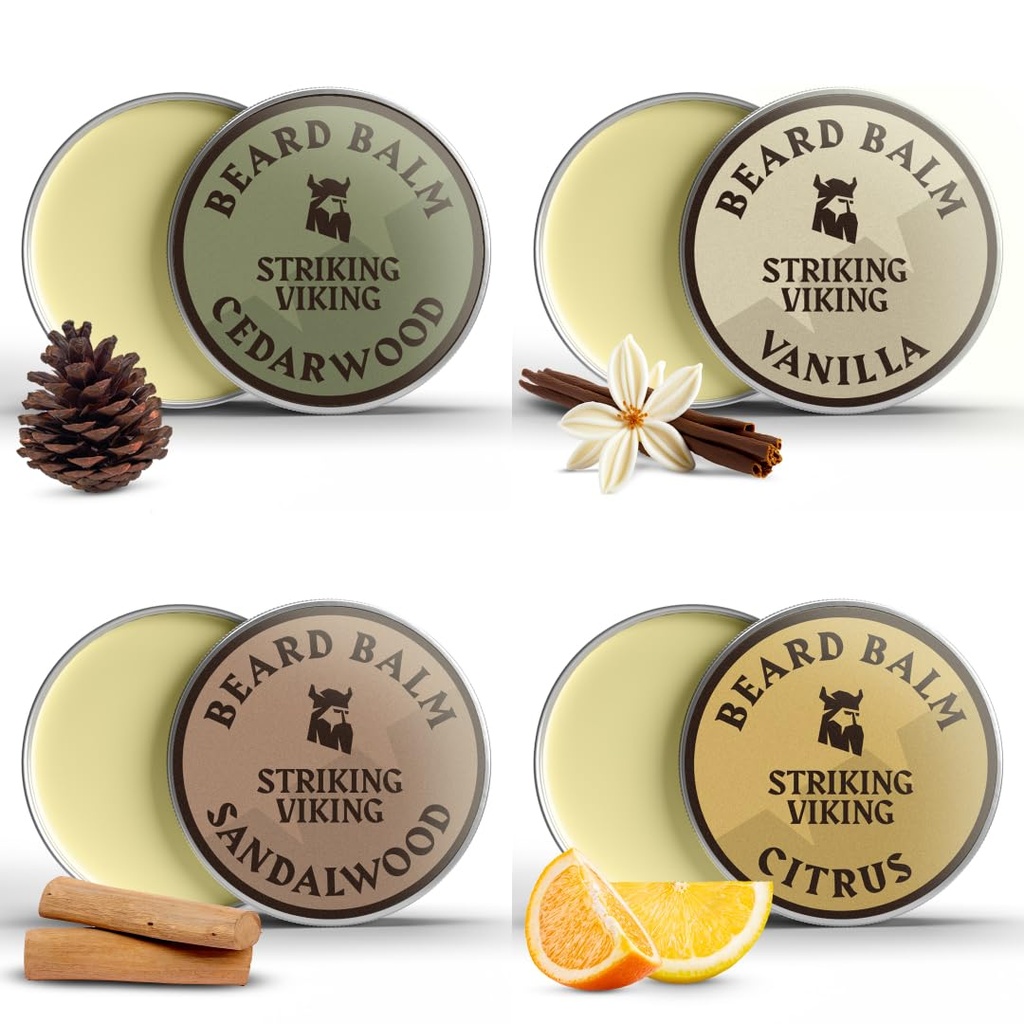 Beard Balm for Men - Leave in Beard Conditioner - Styling Balm Made with Naturally Derived Beard Butter, Argan & Jojoba Oils (1 Ounce (Pack of 4), Citrus, Vanilla, Sandalwood, & Cedarwood)