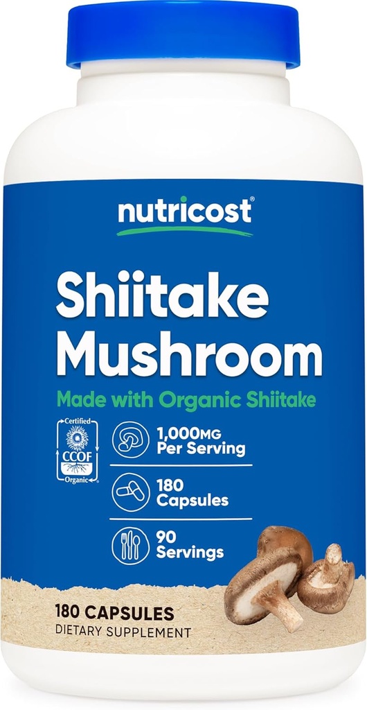 Nutricost Organic Shiitake Mushroom Capsules 1000mg, 90 Servings - CCOF Certified Made with Organic, Vegetarian, Gluten Free, 500mg Por Capsule, 180 Capsules