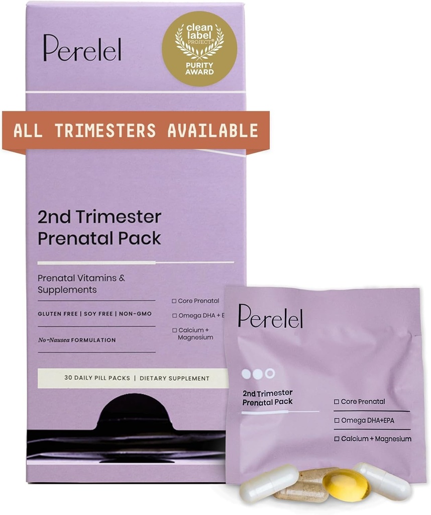 Perel 2o Trimester Prenatal Pack, Multivitamínico con Magnesio, Omega 3, Hierro y Calcio, Apoyo Nutricional para el Segundo Trimestre Wellness, Soy & Gluten Gratis, No GMO, 30 Daily Pill Packs