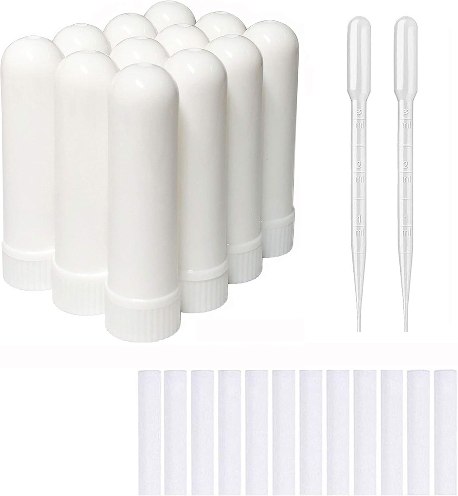 12 conjuntos Aromaterapia Aceite Esencial Tubos Inhaladores Nasal Blank(12 palos completos) + 2 gotas de polietileno Pipette