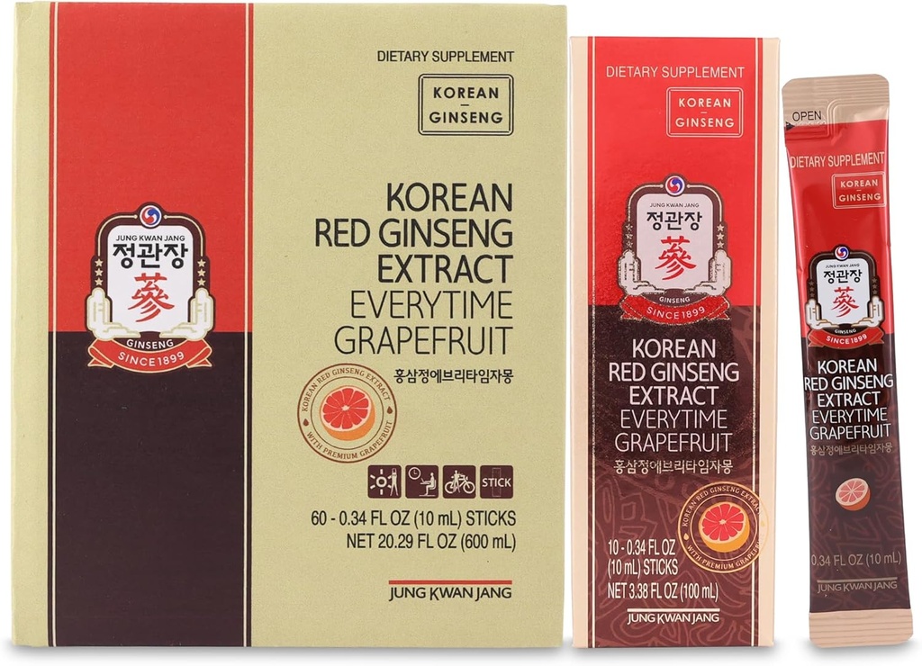 JUNG KWAN JANG Korean Red Ginseng Extract Everytime Grapefruit 1000mg | Ginseng Supplement, Enegy Supplement, Korean Food | Caffeine Free, Gluten Free, Boost Energy, Antioxidant | 60 Count