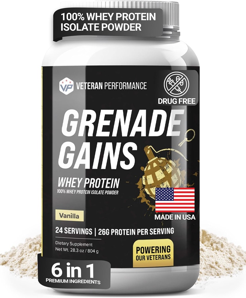 Granada Gains Whey Isolate Powder with Creatine, L-Carnitine &amp; Beta-Alanine - Tested de terceros, Gluten-Free, No Artificial Sweeteners - USA Made, Vanilla, 24 Servings