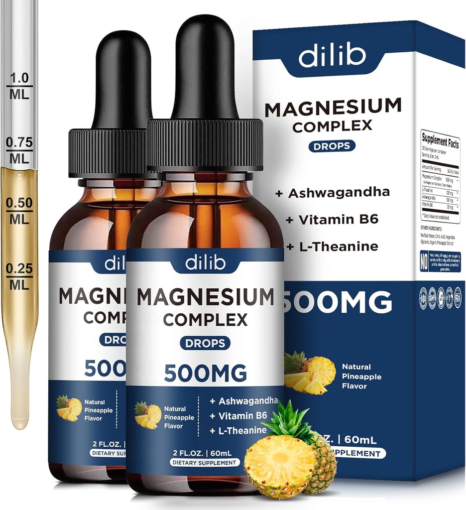 Magnesium Glycinate Liquid Drops 500mg - Triple Magnesium Complex Suplemento con Citrato, Malate, Ashwagandha, L-Theanine, Vitamina B6 para el sueño, Stress Relief, Muscle, Pineapple Flavor 4 Fl Oz