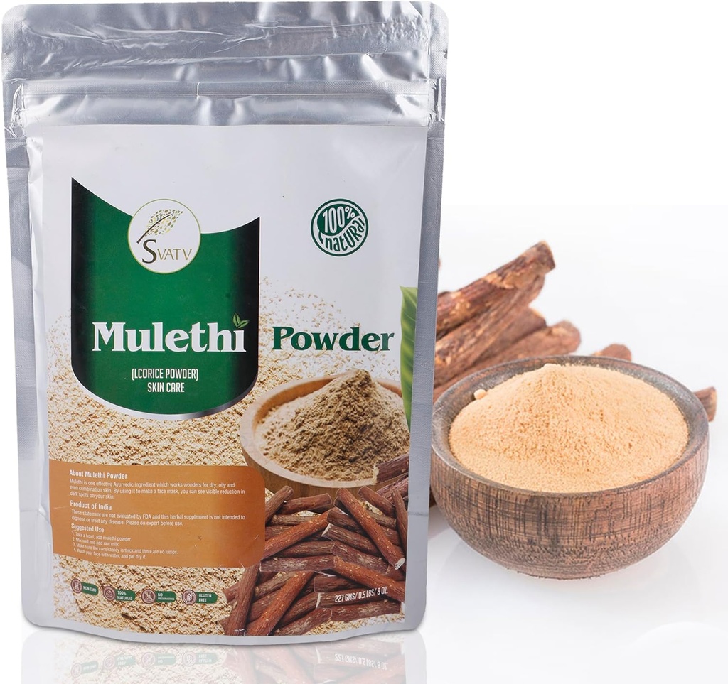 SVATV Licorice Powder ← Pure Glycyrrhiza glabra TEN Mulethi ANTE Yashtimadhu - Tamaño - 227 Gramos Media libra