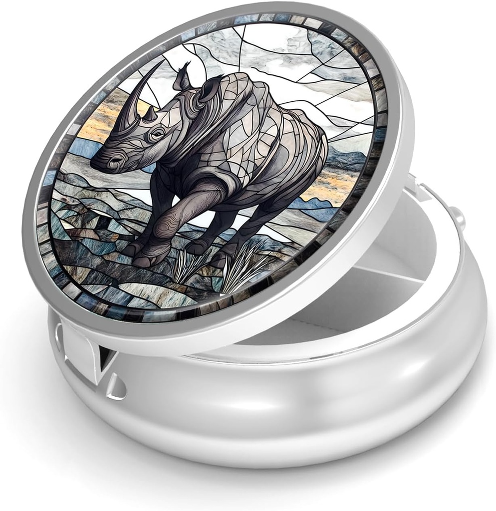 Pill Box-3 Compartment Funda de pequeña pill para purse &amp; Pocket Mini Metal Pill Holder Travel Pill Container to Hold Supplements Vitamins BPA-Free (Rhinoceros)