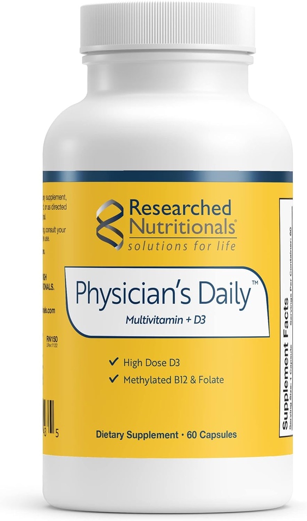 Nutriciones investigadas Suplemento diario + D3 de Physician - Multivitamina diaria para hombres y mujeres con vitamina D3 2000iu, vitamina B12, vitamina B6 + folato metalado (60 cápsulas)