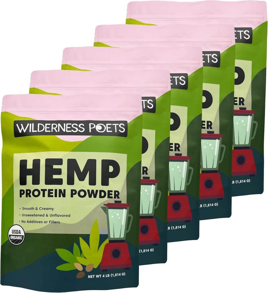 Poetas de Wilderness, Polvo de proteína de cáñamo orgánico - Vegan, Cold-Presed, Proteína basada en plantas - 4 libras (Pack of 5)