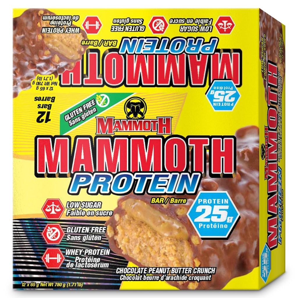 MAMMOTH Protein Bar, Chocolate Peanut Butter Crunch, 25g Protein, Low Sugar, Low Carb, Gluten Free, 12 x 65g (12 conde) (Chocolate Peanut Butter Crunch) (12 conde, Chocolate Peanut Butter Crunch)