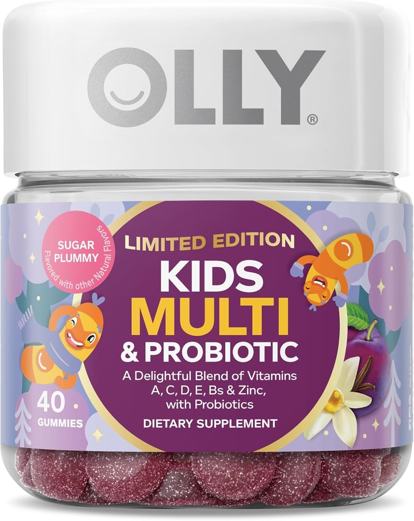 OLLY Kids Multivitamin &amp; Probiotic, Limited Edition, Digestive Support, Vitaminas A, D, C, E, B, Zinc, Chewable Supplement, Sugar Plummy - 40ct