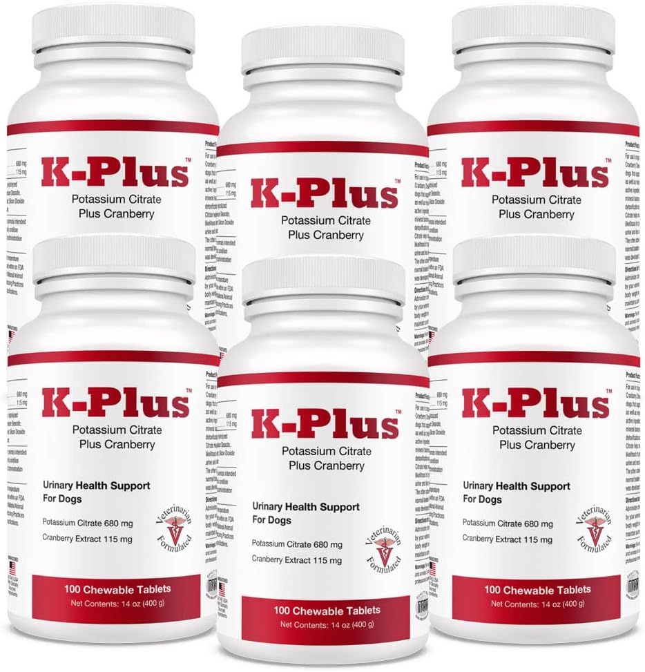 K-Plus Potasio Citrate Plus Suplemento de arándano para perros - Vet Aprobado UTI Remedy - Apoyo Salud de la vejiga - para cada pecho de perros - 6-Pack (600ct)