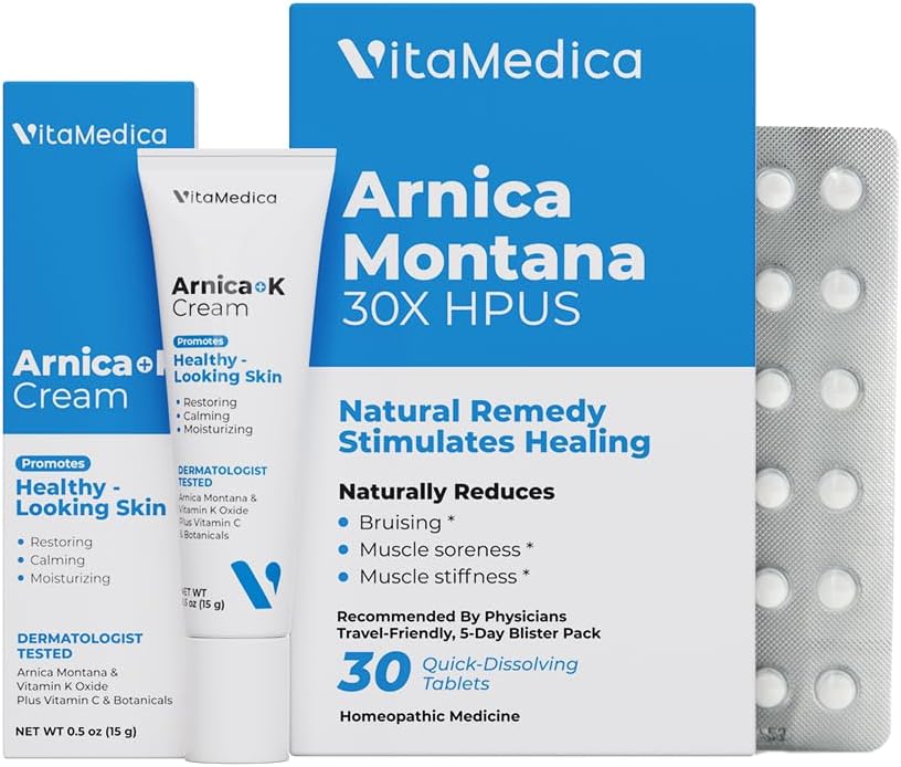 VitaMedica ← Arnica Filler Kit Bundle ← Arnica Montana 30X Blister Pack + Arnica &amp; Vitamina K Topical Cream ← Vitamin K Topical Cream ← Softens, Calms, Moisturizes, " Restores Bruised Skin ← Recuperación