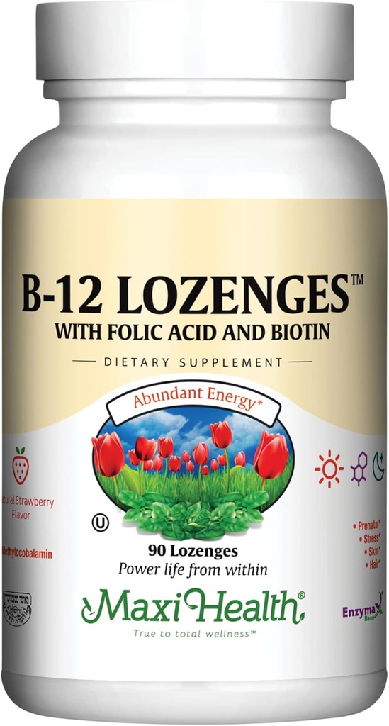 Vitamina B12 Lozenges con ácido fólico y biotina - Sublingual B 12 Vitaminas Flavor de Fresa - Vegetariano Kosher B 12 Vitamina - VIT B12 Suplemento para Producción y Energía de Células Rojas (90 Cuenta)
