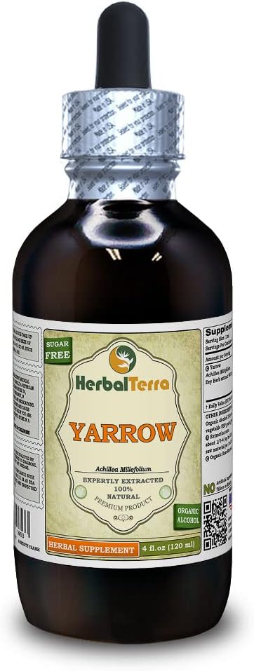 Yarrow (Achillea Millefolium) Tincture, Orgánica Herb Liquid Extract (Marca: HerbalTerra, Proudly Made in USA) 4 fl.oz (120 ml)