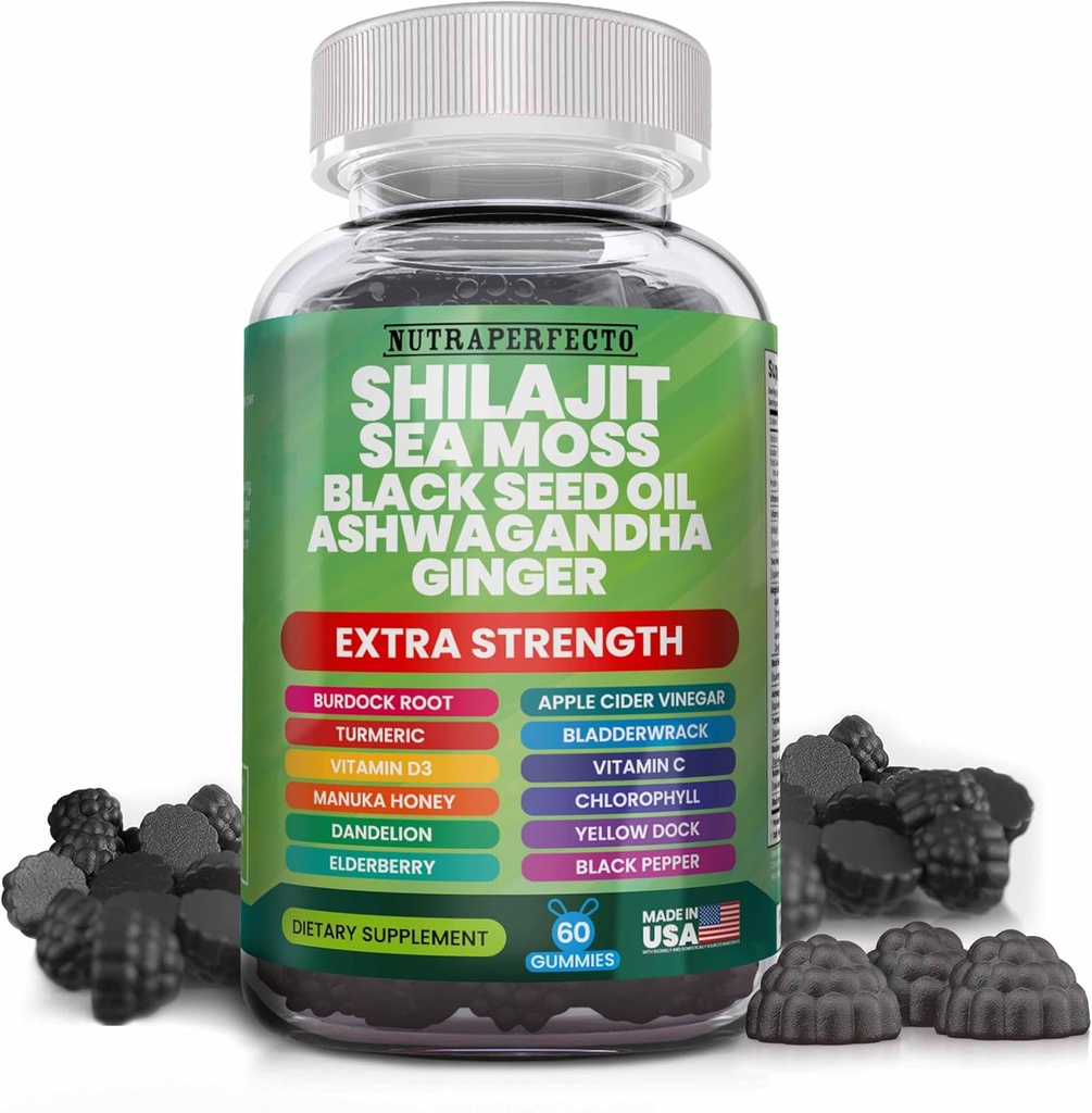 Shilajit Gummies with Irish Sea Moss Black Seed Oil Ashwagandha Ginger Elderberry Vitamin D3 Chlorophyll Turmeric Bladderwrack Advanced Strength Formula Resin Shilajit for Men &amp; Women