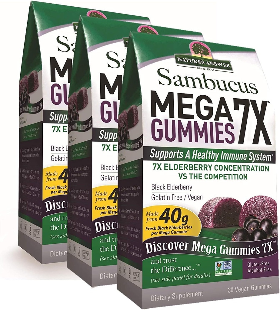 Respuesta de la naturaleza Sambucus Mega Gummies TEN 7X Más Concentración de Elderberry TENIDO Sin alcohol, Sin gluten, Sin gelatina, Vegan, No GMO &amp; No Preservatives TEN 30ct Gummies (Pack of 3)
