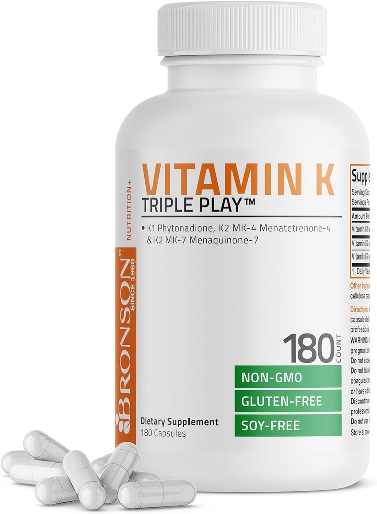 Vitamina K Triple Play (Vitamin K2 MK7 / Vitamina K2 MK4 / Vitamina K1) Complejo de Espectro Complejo vitamina K Suplemento, 180 cápsulas