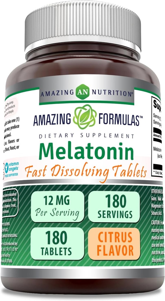 Amazing Formulas Melatonin Fast Dissolving Suplemento ← Citrus Flavor TEN 12 Mg Por Serving TEN 180 Tablets TEN NO-GMO ANTE Gluten-Free TEN Made in USA