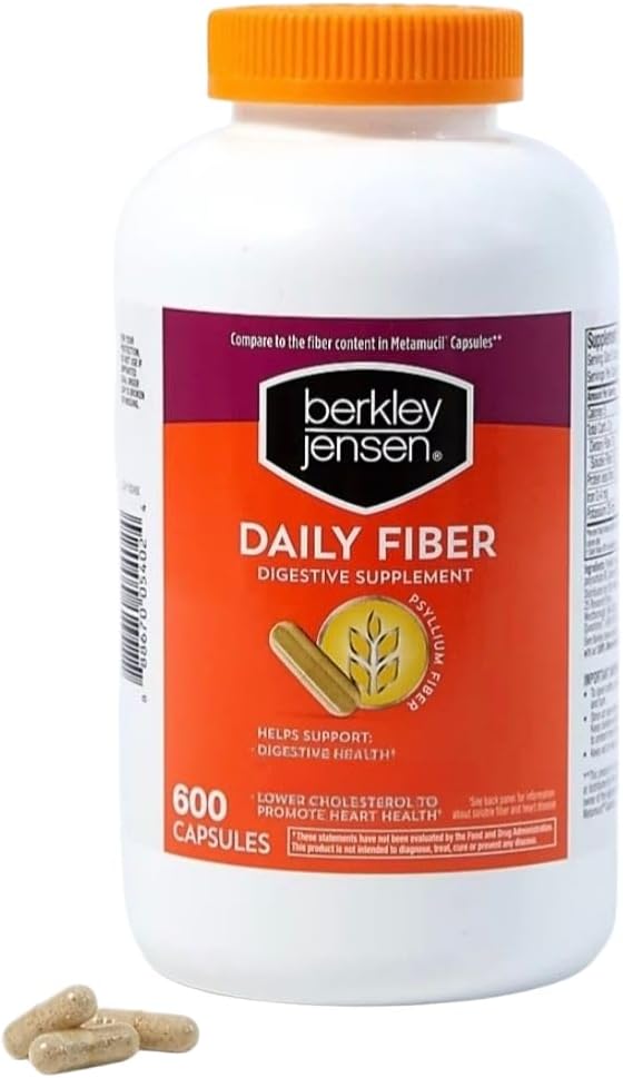 Berekley Jensen Daily Psyllium Husk Suplemento (600 - Conde), Fibra Natural para Hombres y Mujeres - Fibra cápsulas para la salud digestiva general, Easing Constipation, Aiding Nutrient Absorption, Made in USA