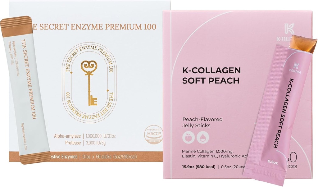 The Secret Enzyme Premium 100 (50 Sticks) & K-Collagen Soft Peach Collagen Jelly (30 Sticks) para Salud Digestiva, Salud de la piel