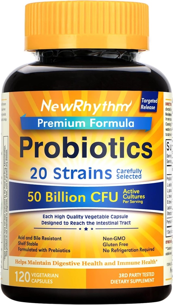 NewRhythm Probiotics 50 Billion CFU 20 Strains, 120 Veggie Capsules, Tecnología de liberación dirigida, resistente a los ácidos estomacach, sin necesidad de refrigeración, Pack de 1, No GMO, Gluten Free