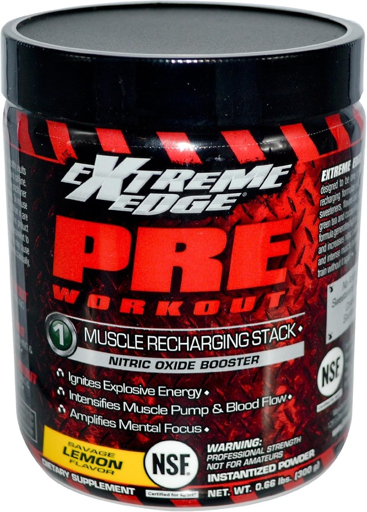 Bluebonnet Nutrition Extreme Edge Pre workout, Muscle Recharging Formula*, Aumenta los niveles de óxido nítrico (NO)*, Soy-Free, Dairy-Free, Lemon, 0.66 LB, 30 Servimientos