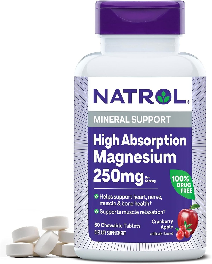 Natrol High Absorption Magnesium 250 mg, Suplemento dietético para la salud del corazón, nervios, musculos y huesos, 60 Cranberry Apple-Flavored Chewable Tablets, 30 Day Supply
