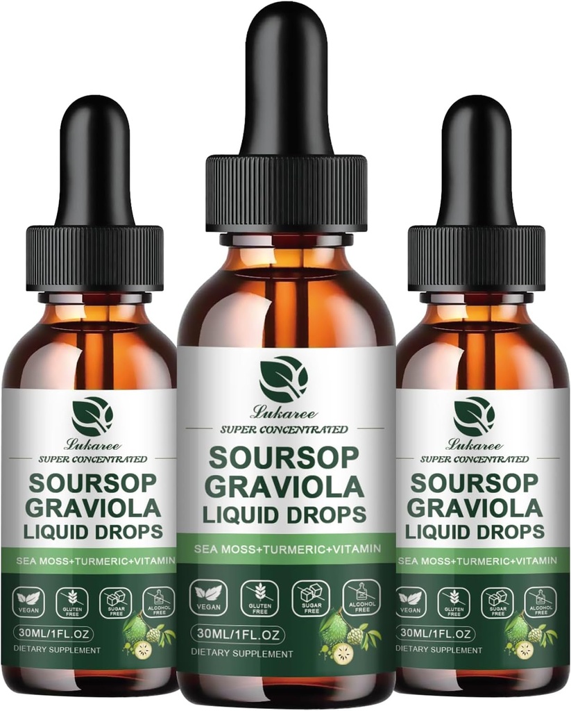 (3 Pack) Soursop Graviola Leaf Extract Liquid Drop Plus Pure Botanical Sea Moss for Cell Support &amp; Regeneración, Inmunity, Liver, Gut & Antioxidant - Soursop Bitters Liquid, 90 Day Supply, 1 Fl Oz