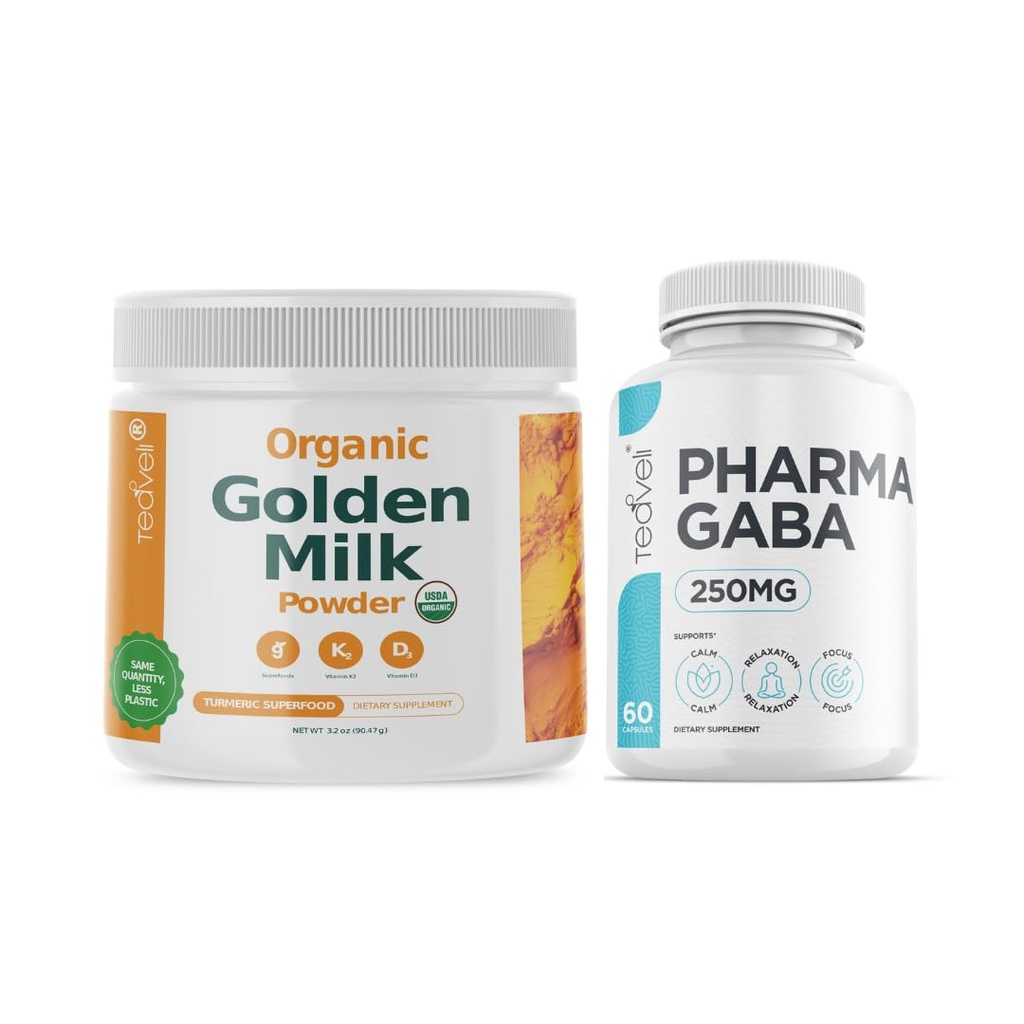 Teaveli Piñón de leche de oro orgánico con vitamina D3 &amp; K2 y Farmacéutica GABA Suplemento Bundle