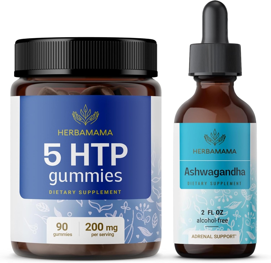 HerBAMAMA 5-HTP y Ashwagandha Kit - Agrupo de 200 mg 5-Hydroxytryptophan Gummies & Ashwagandha Liquid Drops 2 fl oz - Vegan, Non-GMO, Alcohol &amp; Gelatin-Free - 2 Pack
