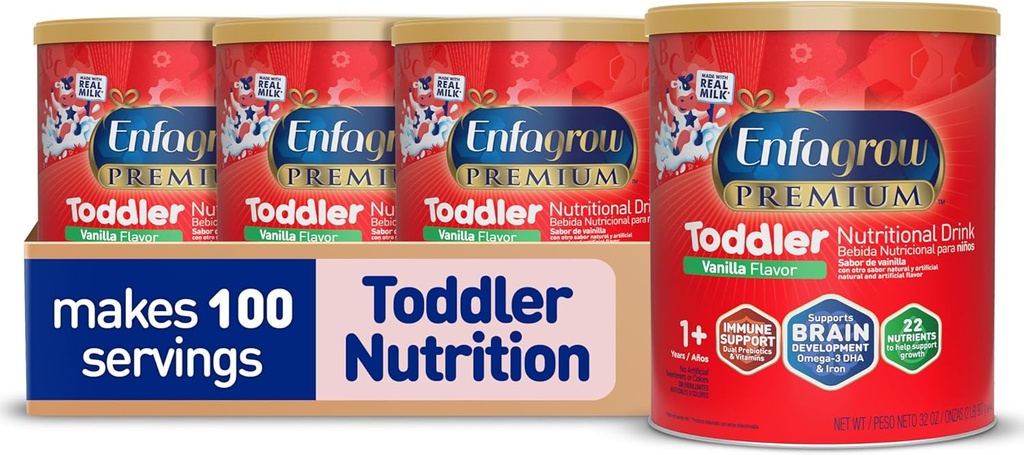 Enfagrow Premium Toddler Nutritional Drink, Vanilla Flavor, Omega-3 DHA for Brain Support, Prebiotics & Vitamins for Immune Health, Powder Can, 32 Oz, Pack of 4