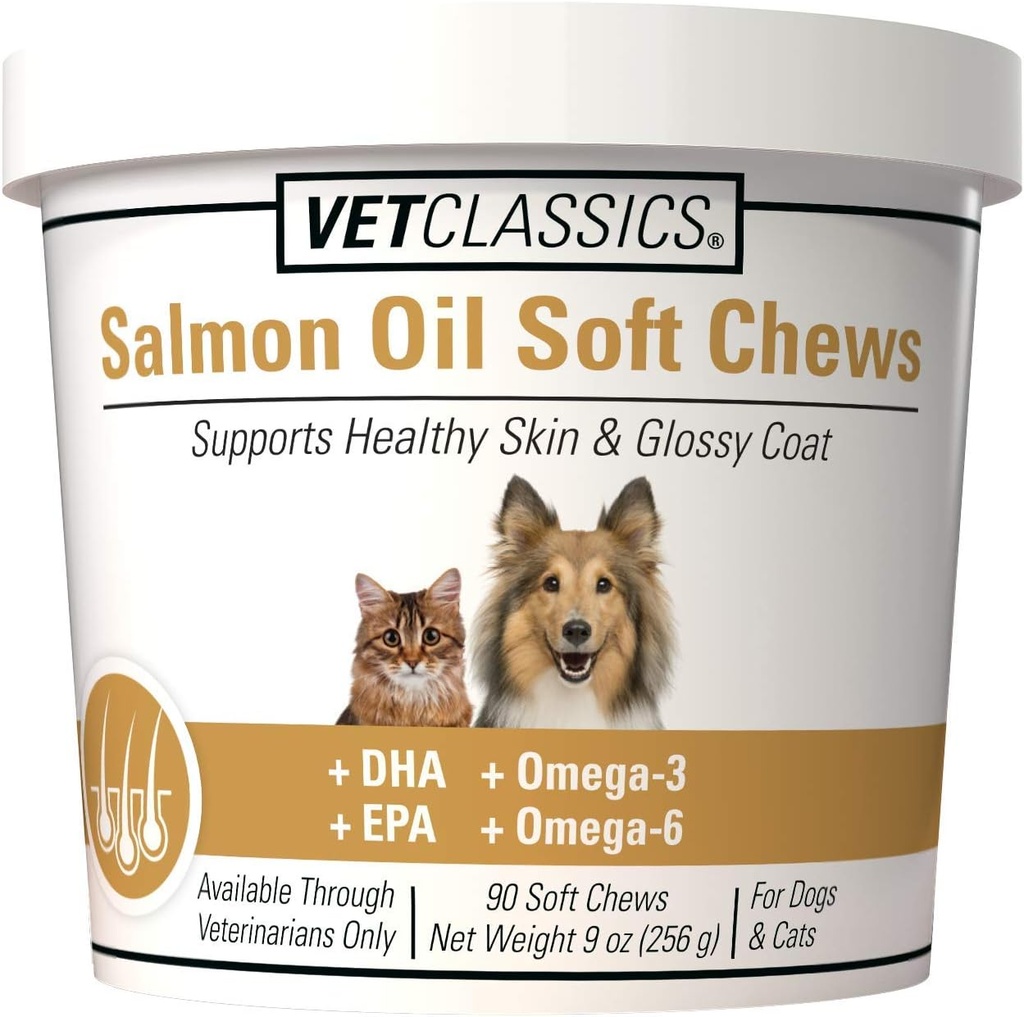 Vet Classics Petróleo de Salmón Suplemento de mascotas para la piel sana, Guassy Coats – Suplemento de la carne de perro, Suplemento de la piel de gato – Incluye Omega-3, 6, 9, Fuente de DHA, EPA – cerdas suaves 90 Ct.